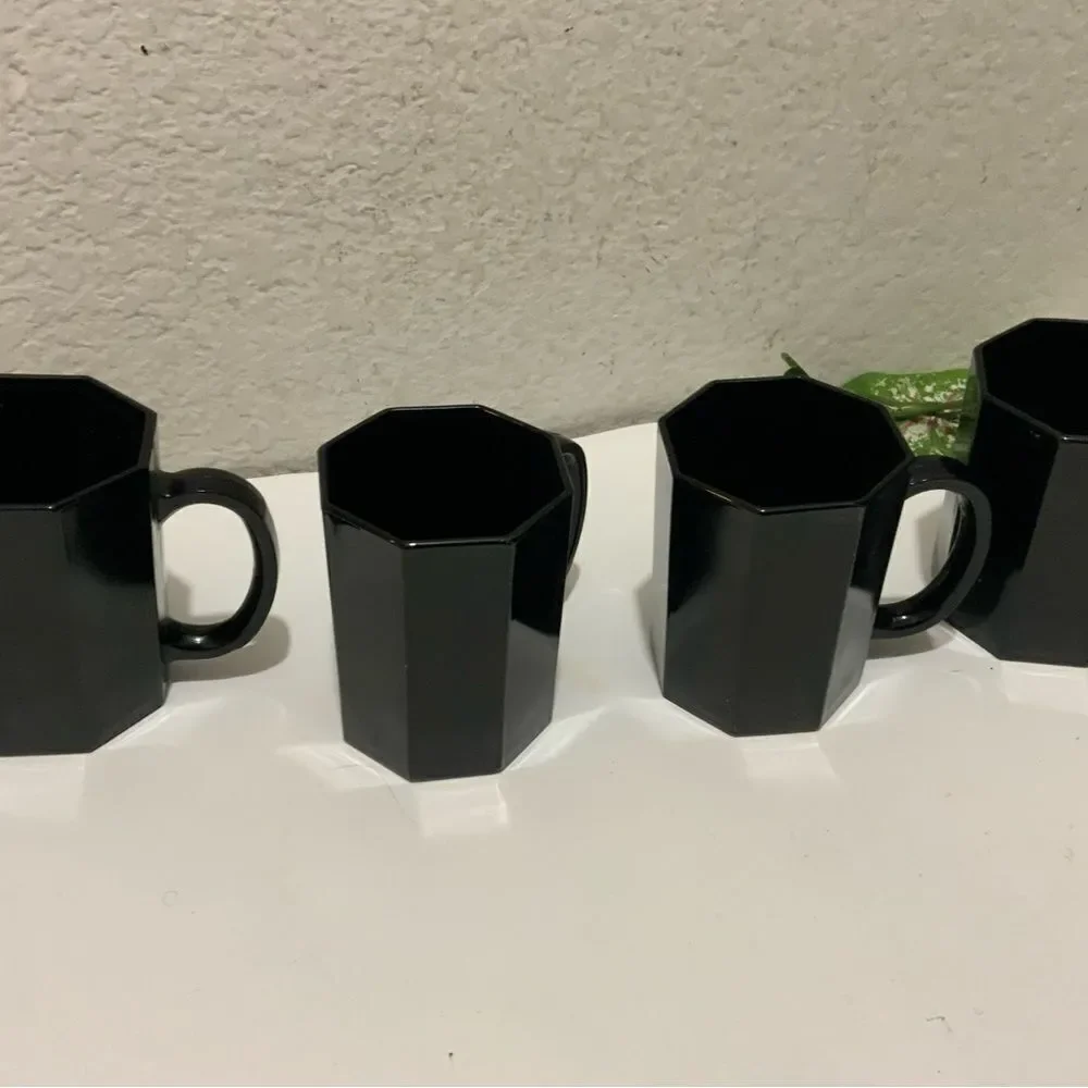 Set 4 ARCOROC Glass BLACK OCTIME Octagon 10oz Coffee MUG Tea CUP France G1